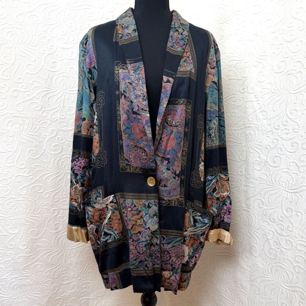 Vtg Kensington Square Rayon Patchwork Jacket Art to Wear Floral Blazer USA M